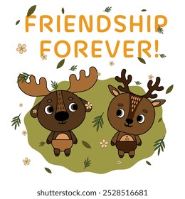 Elk and deer, cute animals. Friendship forever.