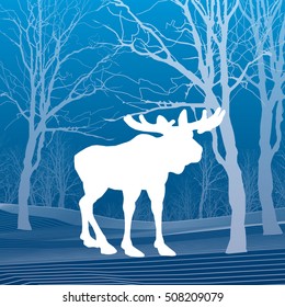 Elk in the forest, animals in the wild, white silhouette and lines on blue background, vector design art