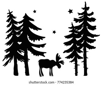 Elk in the forest. Moose with firs and stars.