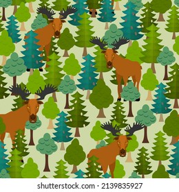 Elk in forest pattern seamless. Deer in forest trees background