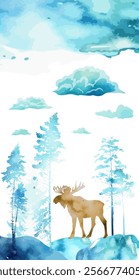 Elk in the forest in watercolor. hand drawing. Not AI, Vector illustration.