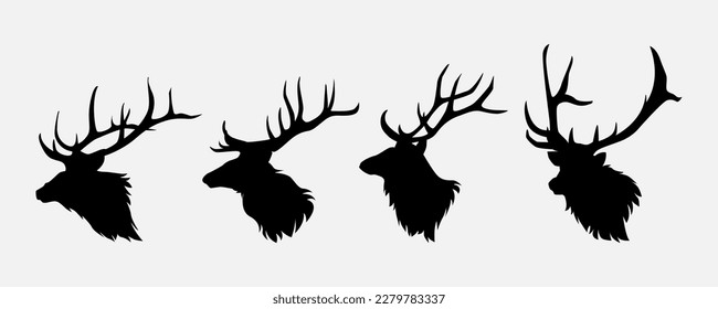 elk head silhouette collection set. deer, moose. animal, horn, jungle, hunting concept. for print, poster, sticker, and other designs. monochrome vector illustration.