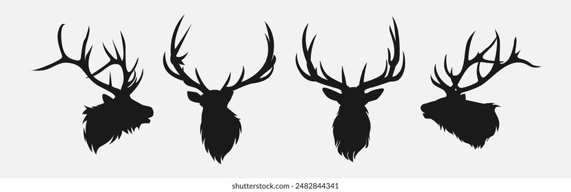 conjunto de colección de silueta de cabeza de alce. ciervo, alce. animal, cuerno, selva, concepto de caza. para impresión, póster, pegatina y otros diseños. Ilustración vectorial monocroma.