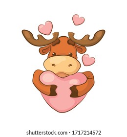 Elk with a heart. Inscription. Cute animals. Cartoon. Vector illustration Design element for sticker, flyer, print for t-shirts.