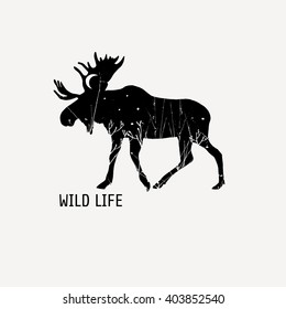 Elk with horns, an animal with a pattern, forest on an animal, the forest inhabitant.Design concept for banner, card, scrap booking, t-shirt, bag, print, poster. Hand drawn vector illustration