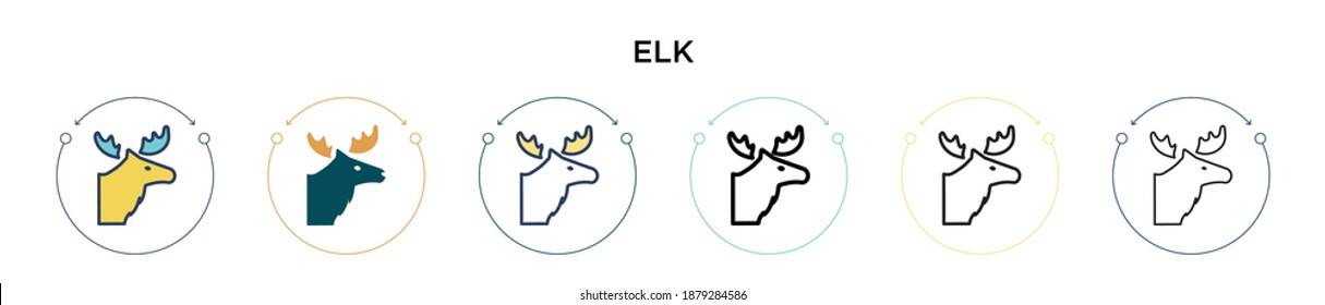 Elk icon in filled, thin line, outline and stroke style. Vector illustration of two colored and black elk vector icons designs can be used for mobile, ui, web