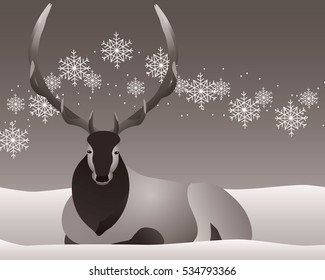 Elk laying on the snow with a large rack of antlers or horns vector illustration with blowing snowflakes on a neutral colored background