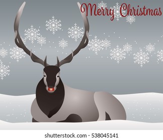 Elk Laying In The Snow With A Glowing Red Nose And Full Rack Of Antlers Vector Illustration With Snowflakes Blowing On A Gray Background And Merry Christmas Text For Card Or Greeting