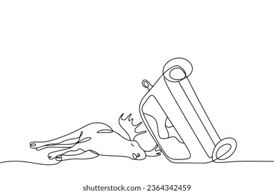 A elk lies near an overturned car. Accident involving a wild animal. World Animal Road Accident Awareness Day. One line drawing for different uses. Vector illustration.