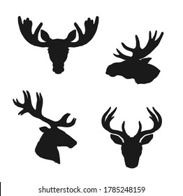 Elk Moose And Deer Silhouettes, Animals And Hunting Vector Icons, Elk Stag And Deer Or Reindeer And Roe Heads With Antlers And Horns, Wild Hunt And Wildlife Zoo Symbols Set