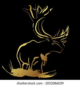 Elk, Moose Deer Wildlife Stencils ,Golden Brush paint stroke over black background