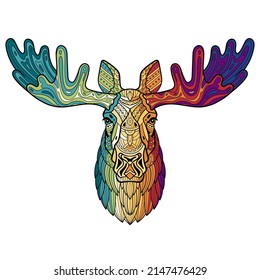 Elk. Moose. Head of a horned elk. Hand-drawn moose portrait. Sketch graphics colorful illustration on white background. Patterned head of an adult cattle. Full face. Ethnic motifs. Vector illustration