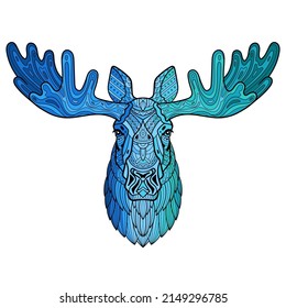 Elk. Moose. Head of a horned elk. Hand-drawn moose portrait. Sketch graphics illustration on white background. Patterned head of an adult animal. Full face. Ethnic motifs. Vector illustration