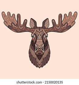 Elk. Moose. Head of a horned elk. Hand-drawn moose portrait. Sketch graphics illustration on white background. Patterned head of an adult animal. Full face. Ethnic motifs. Vector doodle illustration