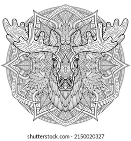 Elk. Moose. Head of a horned elk. Hand-drawn moose portrait. Sketch graphics illustration on ornamental background. Patterned head of an adult animal. Full face. Ethnic motifs. Vector illustration