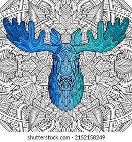 Elk. Moose. Head of a horned elk. Hand-drawn moose portrait. Sketch graphics illustration on patterned background. Head of an adult animal. Full face. Ethnic motifs. Doodle illustration. Vector