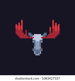 Elk moose head with horns pixel art icon, stag deer isolated vector illustration. Game assets 8-bit sprite. Design sticker, logo, mobile app, embroidery.