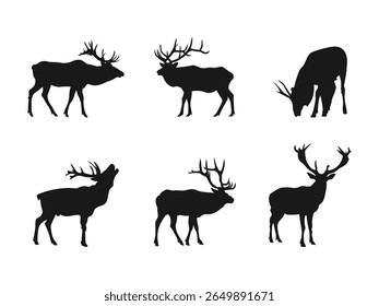Elk or moose silhouette, solid icon vector. Elk icon. Silhouette of an elk. A set of black silhouettes of a deer isolated on a white background.