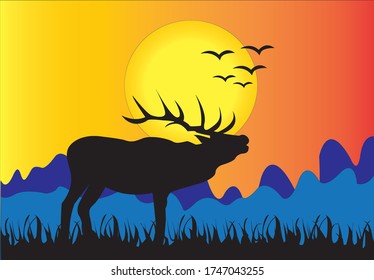 Elk in mountain area with moon vector art design