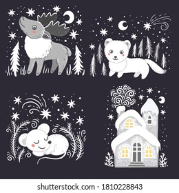 Elk, mouse, ermine, winter house. A set of vector hand drawn illustrations of animals