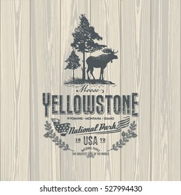 Elk, national Park Yellowstone on wooden background, illustration, vector