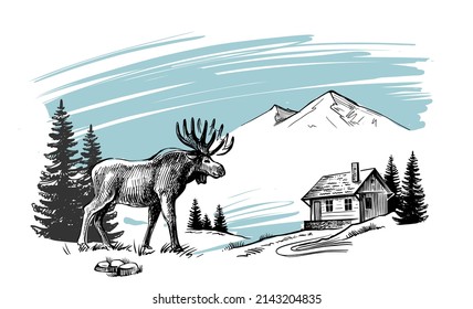 Elk with nature landscape vector ink hand drawn.