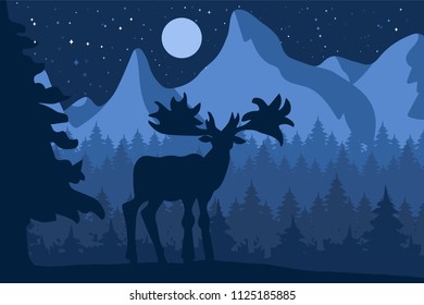 Elk in the night coniferous forest near the mountains under moon. Vector