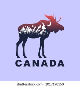 elk and night mountain landscape, double exposure, space view, fantasy style, canada inscription. Vector illustrations