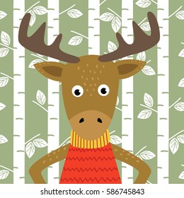 elk on background of birch trees  - vector illustration, eps