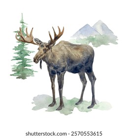 Elk on the grass, mountains and firs, watercolor. Hand drawn vector illustration. For cards, invitations, posters, banners, wildlife protection day.