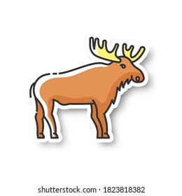 Elk patch. Hoofed ruminant animal with large antlers. American forest wildlife RGB color printable sticker. Herbivore wapiti with big horns. Canadian moose vector isolated illustration