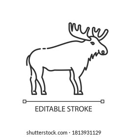 Elk pixel perfect linear icon. Animal with large antlers. American forest wildlife thin line customizable illustration. Contour symbol. Canadian moose vector isolated outline drawing. Editable stroke