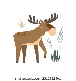 Elk print or card. Hand drawn cartoon scandinavian forest animal, hey wild lettwring text, cute scandi poster, kids t-shirt and nursery design. Woodland doodle style, vector isolated illustration