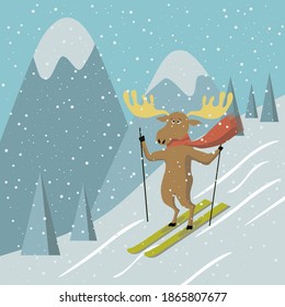 Elk rolls down on the ski against mountains. Skiing moose. Cute animal wears scarf. Vector cartoon illustration in flat style. Winter template design for greeting card, print.