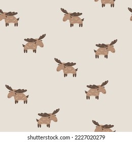 Elk seamless vector pattern. The limited palette is ideal for printing textiles, fabric, wrapping paper Simple hand drawn stamp illustration of a forest moose character in Scandinavian style. 