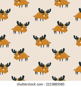 Elk seamless vector pattern. Simple hand drawn stamp illustration of a forest moose character in Scandinavian style. The limited palette is ideal for printing textiles, fabric, wrapping paper