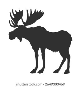 Elk silhouette. Black drawing of forest animal. Isolated wild stag. Zoo logo element. Simple sketch. Vector illustration