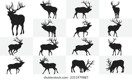 Elk Silhouettes Collection, Highly Detailed Lion Silhouettes Stock Illustration, set vector