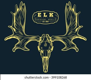 Elk skull Engraving style. Moose Skull with horns