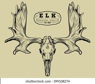 Elk Skull Engraving Style. Moose Skull With Horns