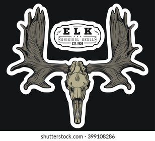 Elk skull Engraving style. Moose Skull with horns