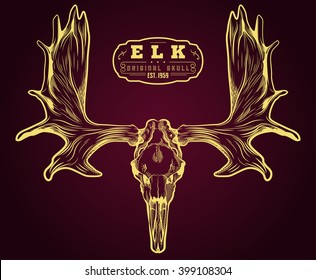 Elk skull Engraving style. Moose Skull with horns