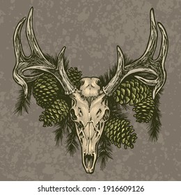 cráneo elk y cono de pino diseño de tatuaje vintage ilustración vintage