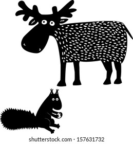 Elk and squirrel. Hand drawn illustration. 