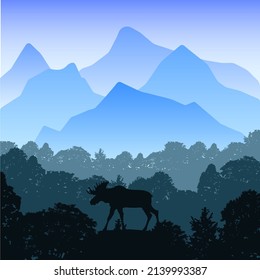 Elk with stags standing at the top of rock with mountains and forest in the background, under the sky. Moos vector EPS