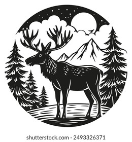 Elk vector illustration. Black and white drawing of elk. Wild nature and animal art. Park emblem. Forest image.