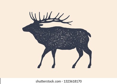 Elk, wild deer. Concept design of farm animals - Elk side view profile. Isolated black silhouette elk or wild deer on white background. Vintage retro print, poster, icon. Vector Illustration