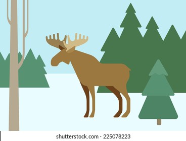 Elk in winter forest habitat background flat design cartoon vector wild animals. Flat zoo nature children collection.
