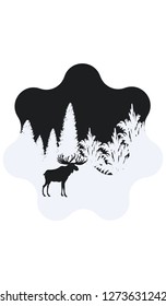 Elk - winter night spruce forest - icon black and white - isolated - vector