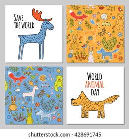 Elk and wolf in Doodle style hand drawn. Two seamless pattern with wild animals of the forest. Vector set of images for printing on fabric, clothes, packaging, Wallpapers.